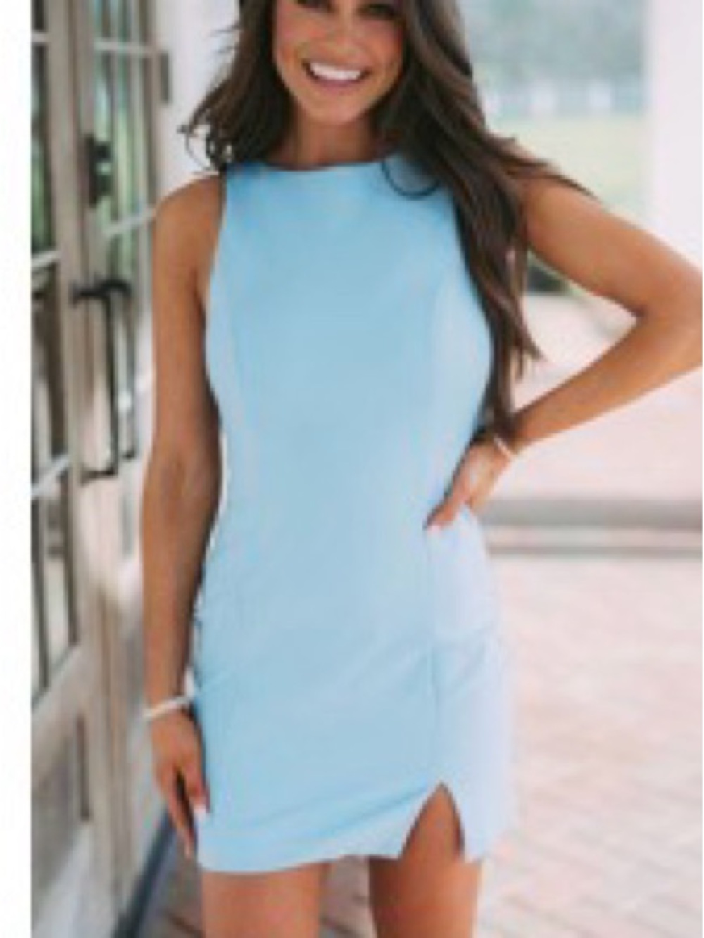 Classic Sleeveless Baby Blue Mini Dress with Side Notch